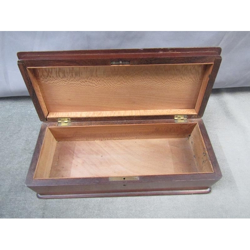 1449 - EARLY 20C MAHOGANY INLAID GLOVE BOX, 31CM W