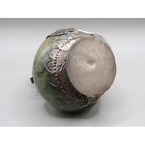 1499 - STONE METAL CASED ORIENTAL SNUFF BOTTLE; CINNEBAR TYPE SCENT BOTTLE