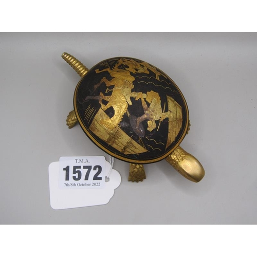 1572 - SPANISH BOJ EIDAR TORTOISE GILT METAL TABLE BELL , THE LID ENGRAVED WITH KNIGHT IN ARMOUR FALLING FR... 