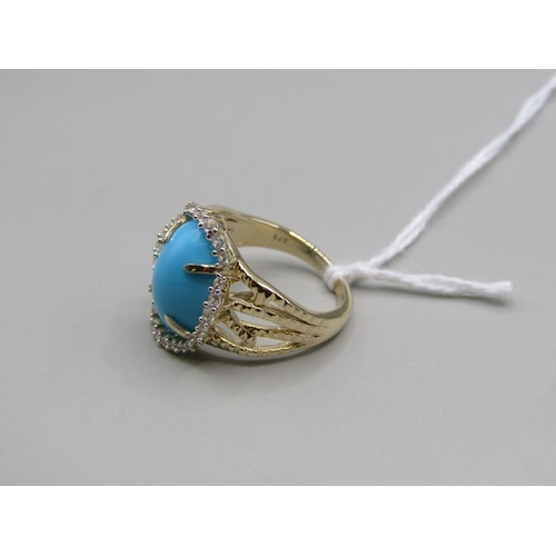 1594 - GOLD TURQUOISE AND ZIRCON SET RING, SIZE L