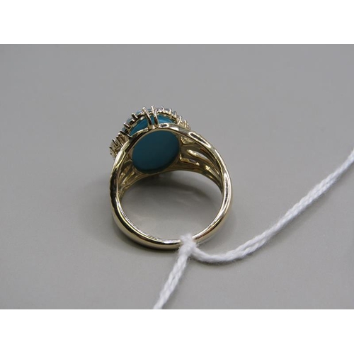 1594 - GOLD TURQUOISE AND ZIRCON SET RING, SIZE L