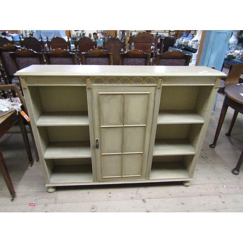 1976 - PAINTED SIDE CABINET WITH FITTED OPEN SHELVES AND CENTRAL CUPBOARD 137 x 108 cms