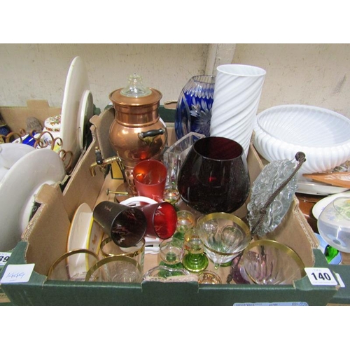 140 - BOX OF MIXED GLASSWARE, BOHEMIAN CRYSTAL VASE ETC.