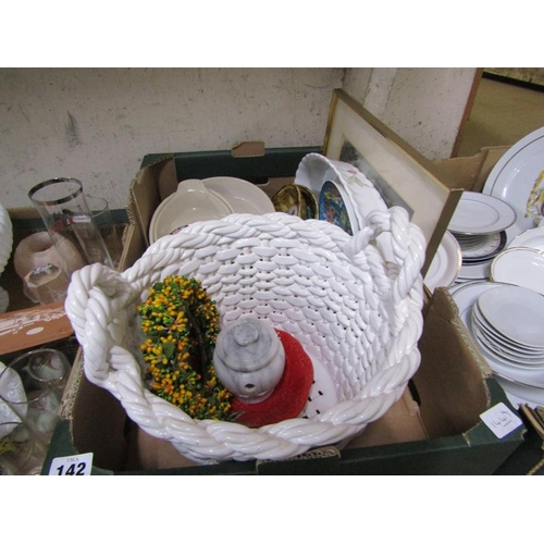 142 - BOX OF MIXED CERAMICS TO INC. LARGE BASKET, BOWL