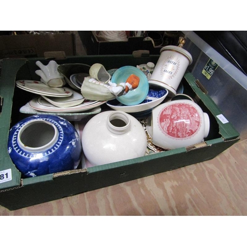 181 - BOX OF MIXED CERAMICS TO INCL ORIENTAL GINGER JAR