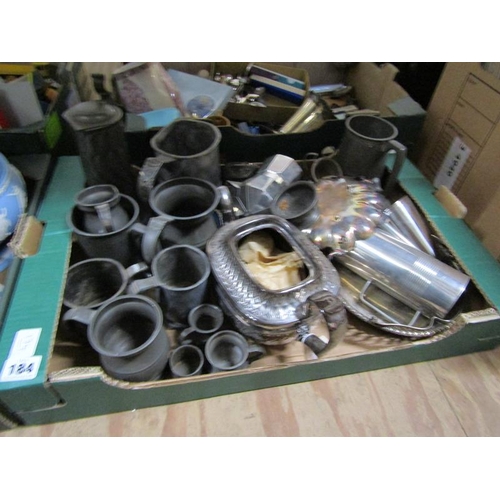 184 - BOX OF MIXED SILVER PLATE AND PEWTER TO INCL ART NOUVEAU