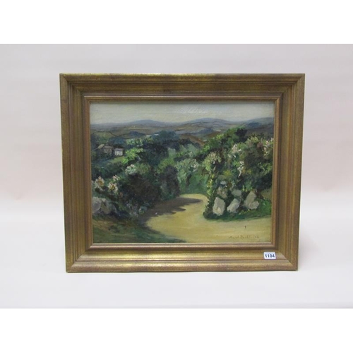 1104 - FRANK RASHLEIGH - ROADWAY THROUGH A WOODED LANDSCAPE, SIGNED OIL ON CANVAS, FRAMED, 39CM X 49CM