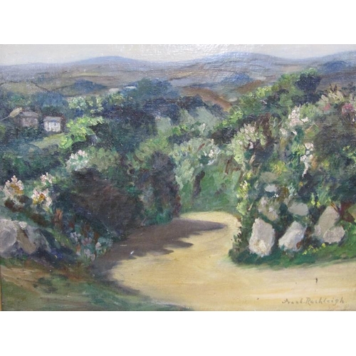 1104 - FRANK RASHLEIGH - ROADWAY THROUGH A WOODED LANDSCAPE, SIGNED OIL ON CANVAS, FRAMED, 39CM X 49CM