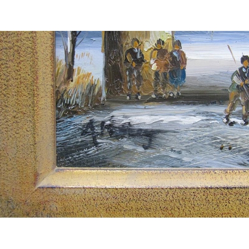 1105 - SIGNED INDISTINCTLY - DUTCH WINTER RIVERSCAPE WITH WINDMILL AND FIGURES, OIL ON BOARD, FRAMED, 18CM ... 