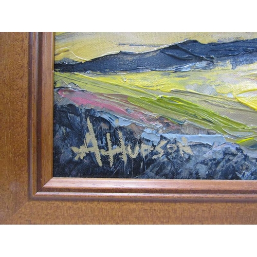 1110 - A HUDSON - SNOW CLAD MOUNTAINS, CONTEMPORARY OIL ON CANVAS, SIGNED, FRAMED, 40CM X 49CM