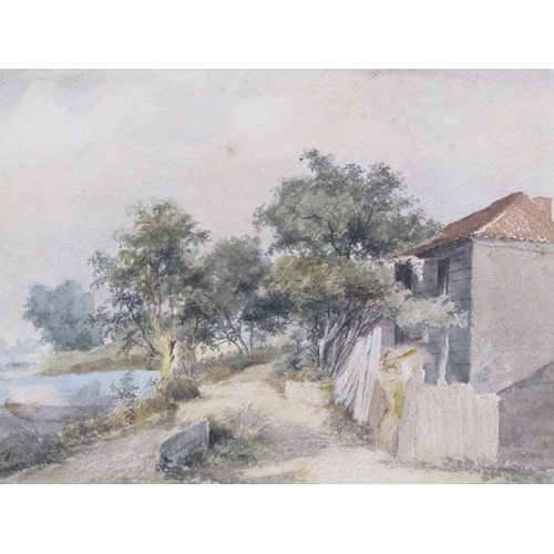 1112 - JAMES STARK 1794/1859 - COTTAGE NEXT TO A RIVER, WATERCOLOUR, F/G, 23CM X 33CM