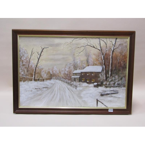 1117 - CHESTER 1925 - COTTAGE IN A WINTER SCAPE, SIGNED, OIL ON CANVAS, FRAMED, 49CM X 75CM