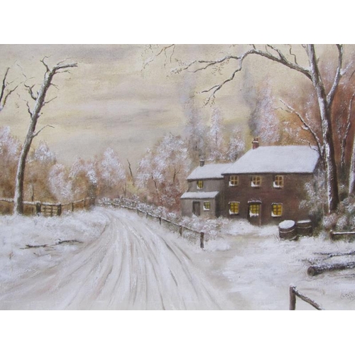 1117 - CHESTER 1925 - COTTAGE IN A WINTER SCAPE, SIGNED, OIL ON CANVAS, FRAMED, 49CM X 75CM