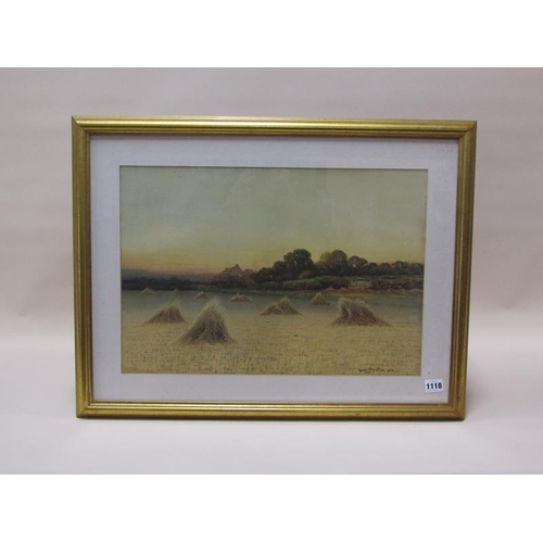 1118 - GEORGE OSTEN 1906 - CORN STOOKS, FRAMED COLOURED PRIN, F/G, 35CM X 51CM