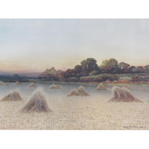 1118 - GEORGE OSTEN 1906 - CORN STOOKS, FRAMED COLOURED PRIN, F/G, 35CM X 51CM