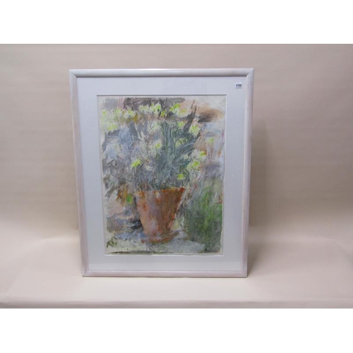 1122 - JACQUIE TURNER - FLOWER POT WITH FLOWERS, SIGNED, WATERCOILOUR, F/G, 80CM X 62CM