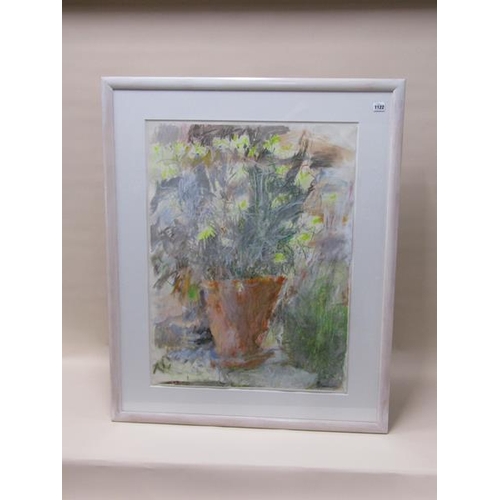 1122 - JACQUIE TURNER - FLOWER POT WITH FLOWERS, SIGNED, WATERCOILOUR, F/G, 80CM X 62CM