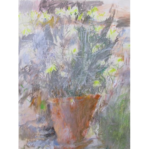 1122 - JACQUIE TURNER - FLOWER POT WITH FLOWERS, SIGNED, WATERCOILOUR, F/G, 80CM X 62CM