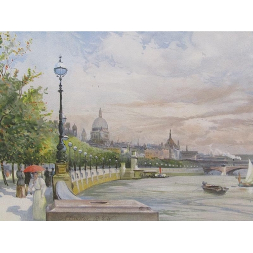 1126 - CHARLES J LAUDER - 19C THAMES SIDE SCENE, SIGNED, WATERCOLOUR, F/G, 22CM X 33CM