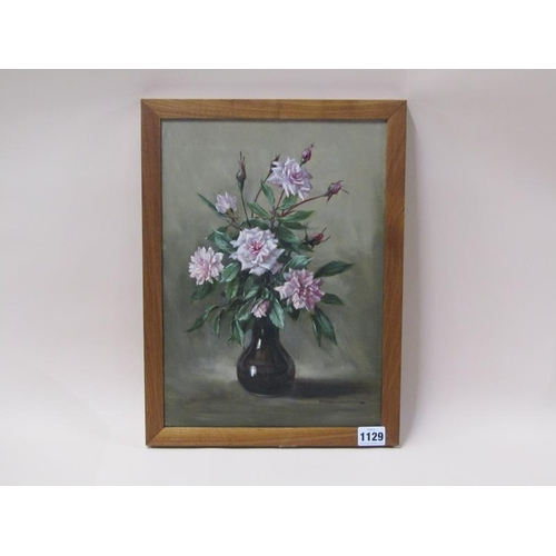 1129 - ELIZABETH BRIDGE - VASE OF PINK ROSES, SIGNED OIL ON CANVAS, FRAMED, 35CM X 25CM