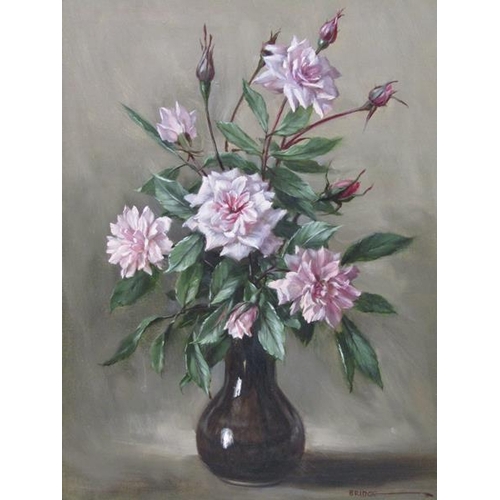 1129 - ELIZABETH BRIDGE - VASE OF PINK ROSES, SIGNED OIL ON CANVAS, FRAMED, 35CM X 25CM