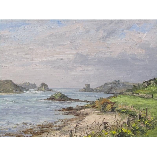 1141 - BRIAN BENNETT - COASTAL SCENE, SIGNED, OIL ON BOARD, FRAMED, 24CM X 34CM