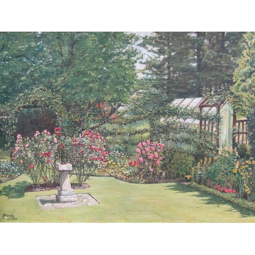 1148 - J MONK 1965, THE FARMHOUSE WITH GARDEN AND THE REAR FARMHOUSE GARDEN WITH GREENHOUSE, EACH SIGNED.  ... 