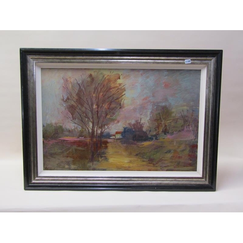 1149 - GAINFORD AUTUMN RIVERSCAPE WITH COTTAGE IN THE BACKGROUND, SIGNED OIL ON CANVAS, FRAMED 60 x 90 cms