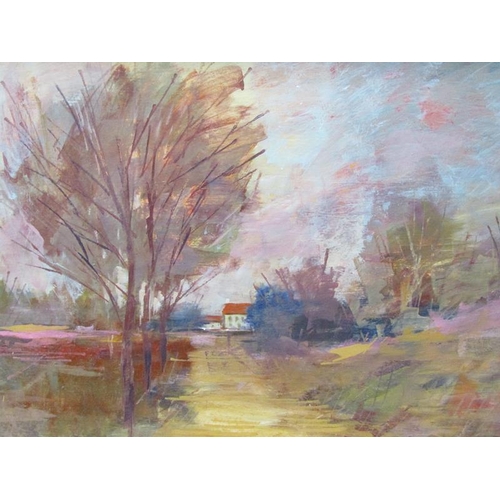 1149 - GAINFORD AUTUMN RIVERSCAPE WITH COTTAGE IN THE BACKGROUND, SIGNED OIL ON CANVAS, FRAMED 60 x 90 cms