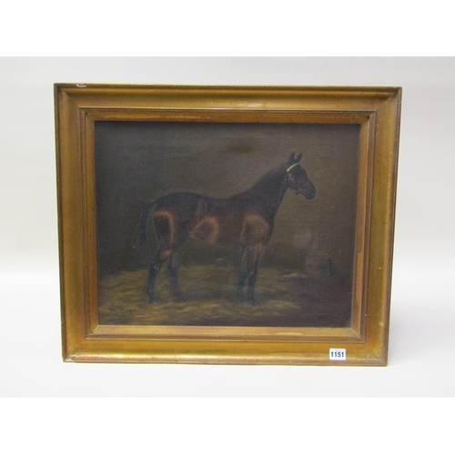 1151 - SIGNED INDISTINCTLY, THE HORSE MYSTERY 1913 IN A STABLE SETTING.  SIGNED AND TITLED OIL ON CANVAS, F... 