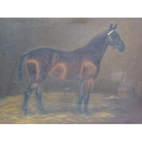 1151 - SIGNED INDISTINCTLY, THE HORSE MYSTERY 1913 IN A STABLE SETTING.  SIGNED AND TITLED OIL ON CANVAS, F... 