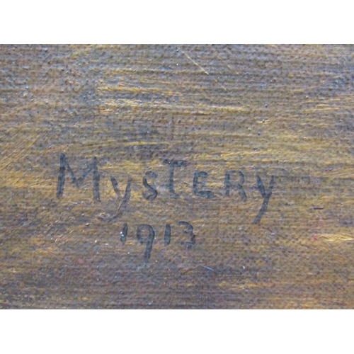 1151 - SIGNED INDISTINCTLY, THE HORSE MYSTERY 1913 IN A STABLE SETTING.  SIGNED AND TITLED OIL ON CANVAS, F... 