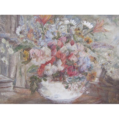 1156 - VAL MAITLAND BOWL OF SUMMER FLOWERS, OIL ON CANVAS, SIGNED IN MONO.  FRAMED 37 x 50 cms