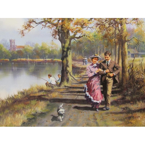 1165 - SEEREY - LESTER - A WALK ALONG A TOWPATH, SIGNED OIL ON CANVAS, UNFRAMED, 46CM X 56CM