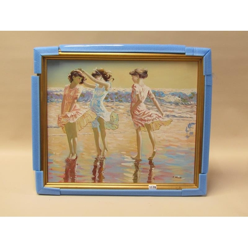 1170 - R HURNETT - THREE GIRLS ON A BEACH, SIGNED OIL ON CANVAS, FRAMED, 50CM X 60CM