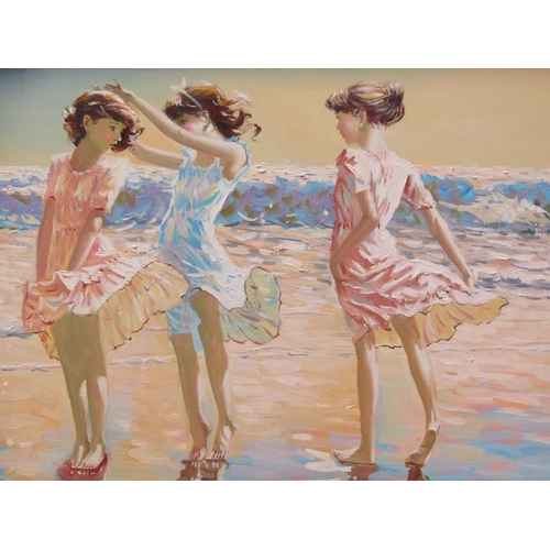 1170 - R HURNETT - THREE GIRLS ON A BEACH, SIGNED OIL ON CANVAS, FRAMED, 50CM X 60CM