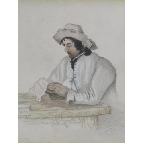 1190 - PENCIL WATERCOLOUR SKETCH - MAN AT A TABLE READING A LETTER 10 x 10 cms