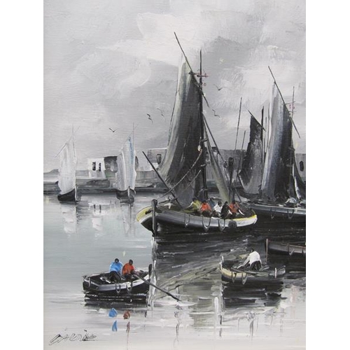 1194 - SIGNED INDISTINCTLY, BOATS IN A HARBOUR OIL ON CANVAS, FRAMED 36 x 23 cms