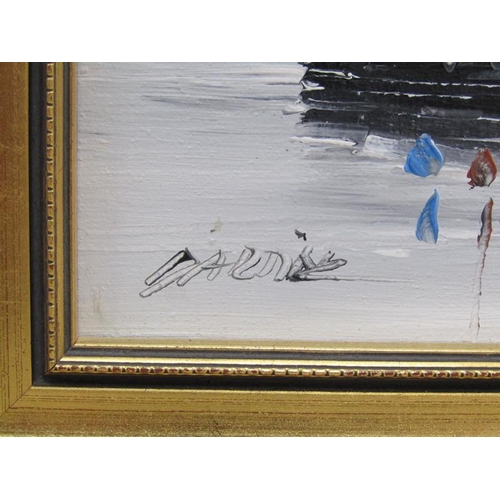 1194 - SIGNED INDISTINCTLY, BOATS IN A HARBOUR OIL ON CANVAS, FRAMED 36 x 23 cms