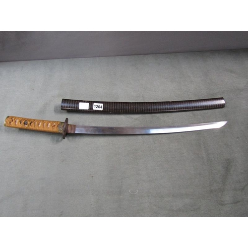 1204 - JAPANESE SWORD, 52CM L BLADE, SCABBARD WITH BANDED DECORATION, OVERALL 94CM L