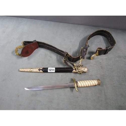 1211 - LATE 19C/EARLY 20C CONTINENTAL DAGGER WITH BONE HANDLE, LEATHER SHEATH WITH  STOP AND BELT, 22CM L O... 