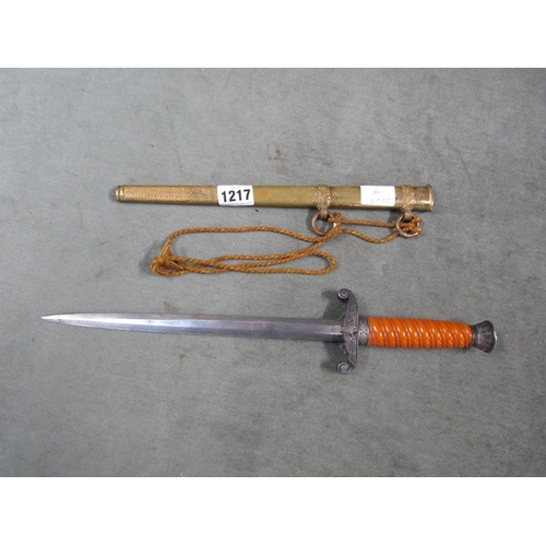 1217 - GERMAN OFFICERS DAGGER AND BRASS SHEATH, 40CM L OVERALL