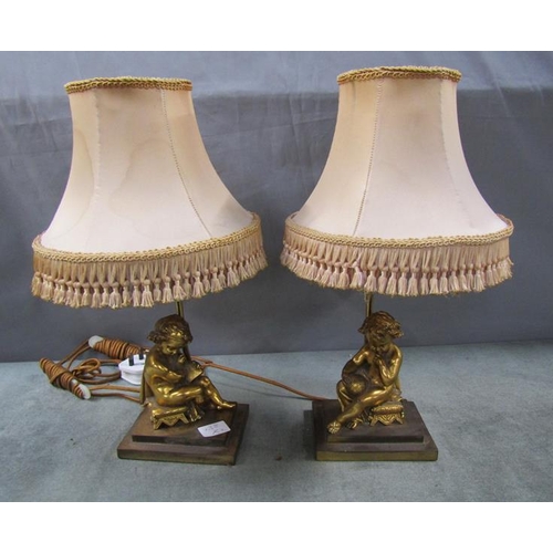 1245 - PAIR OF CAST ORMOLU CHERUB TABLE LAMPS AND SHADES, 40CM H