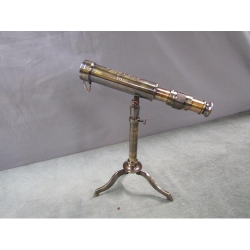 1249 - BRASS TELESCOPE ON TRIPOD, 33CM H