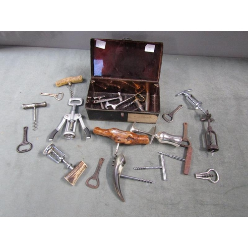 1256 - BOX OF VINTAGE CORKSCREWS IN TIN BOX, 23CMW