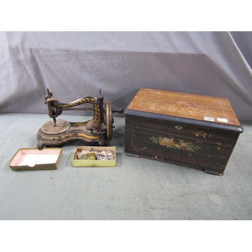 1261 - VINTAGE SEWING MACINE, 34CM W IN ASSOCIATED WOODEN CASE