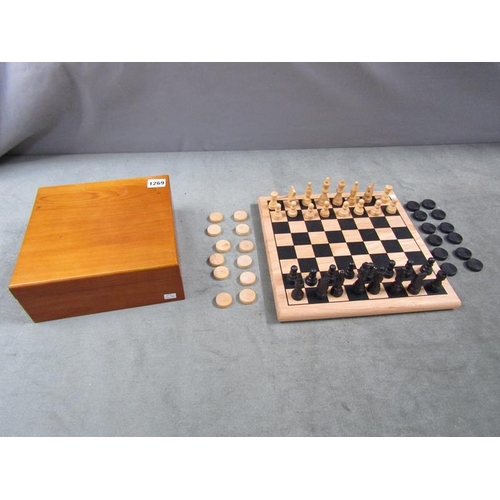 1269 - WOODEN CHEST AND DRAUGHTS SET IN BOX WITH BOARD, 29CM SQ