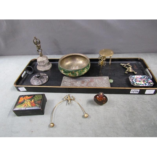 1270 - ORIENTAL BLACK LACQUERED TRAY AND CONTENTS OF MIXED METALWARE - TRAY 60CM W