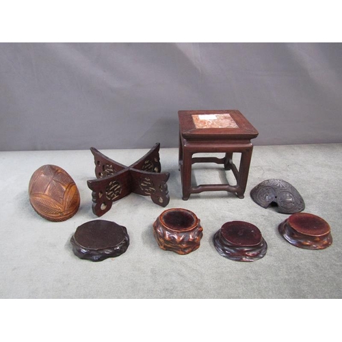 1294 - BOX TO INCL ORIENTAL STANDS AND CARVED COCONUT SHELL - LARGEST STAND 14CM H