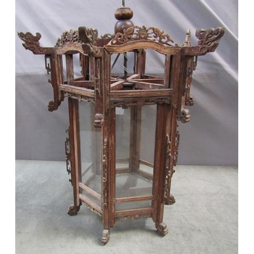 1296 - ORIENTAL CEILING LANTERN PIERCED WITH GLASS PANELS, 60CM H